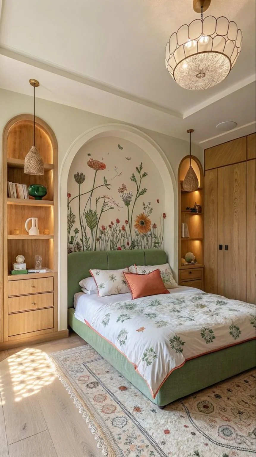 Soft mural feature wall in bedroom