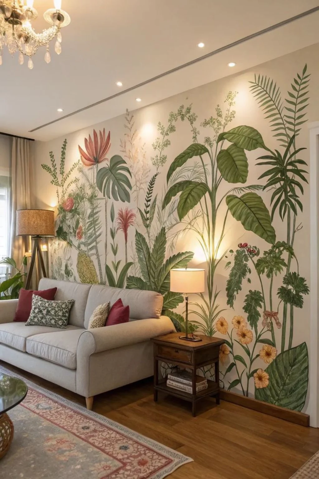 Botanical statement wallpaper in a living room